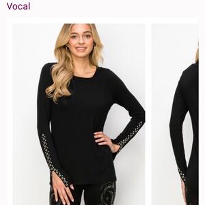 Vocal Black Long Sleeve Top with Eyelet Sleeve Accents